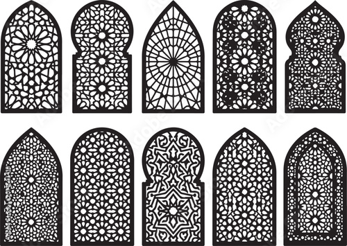 Islamic Window, Arabic Arch, Mosque Design, Black and White Vector Icons, 10 Pieces