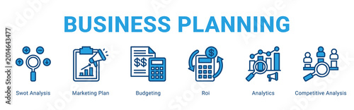 Foto Business Planning web banner icon concept,  with Swot Analysis, Marketing Plan, Budgeting, Roi, Analytics, Competitive Analysi