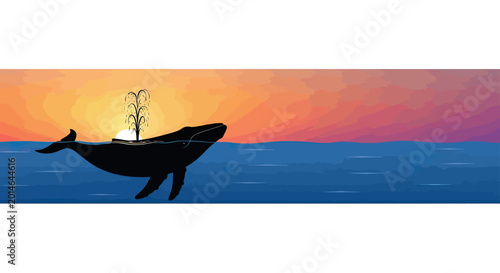 Photos A black whale exhales a spout of water in the ocean against a vibrant sunset