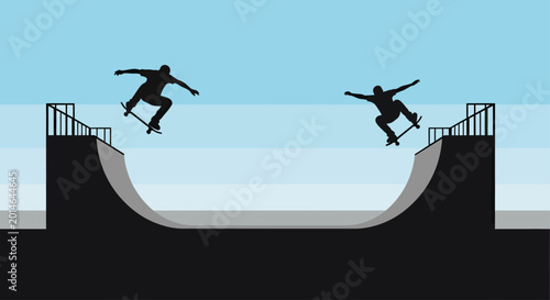 Tableau sur toile Two silhouetted figures perform aerial skateboard tricks over a ramp