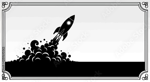 Tableau sur toile A stylized rocket blasts off into a sky filled with smoke and bubbles
