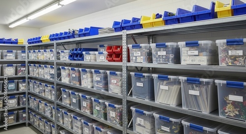Neatly organized industrial storage bins and containers stacked on multiple shelving units within a warehouse setting.