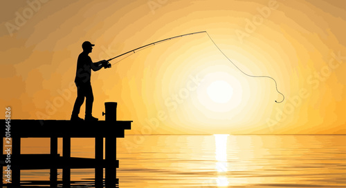 Silhouette of a person fishing on a pier at sunset