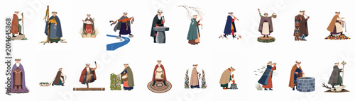Photos Flat vector collection of characters in traditional pagan costumes performing ancient seasonal rituals and folk customs, isolated on white background
