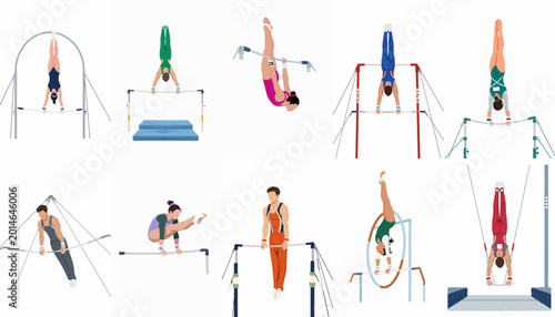 Canvas Print Collection of flat vector illustrations depicting male and female gymnasts performing professional routines on horizontal, uneven, and parallel bars