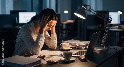 Stressed businesswoman working late at office desk