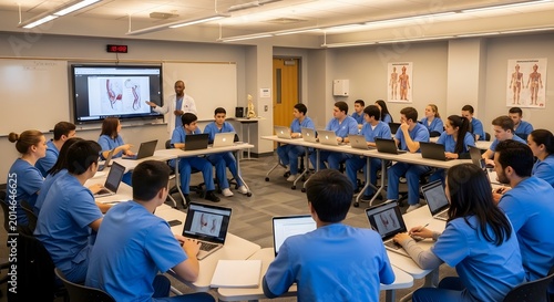 Students collaborating on anatomy study in modern classroom