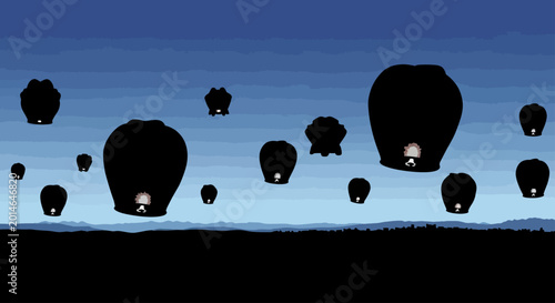 Photos Numerous black lanterns ascend against a twilight gradient sky