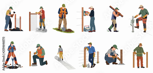 Canvas Print Vector illustration collection of male and female workers performing various tasks to build, repair, and maintain farm fences on a white background