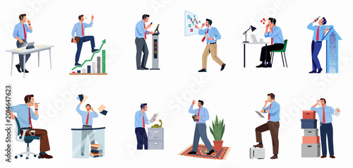Canvas-taulu Set of diverse illustrations featuring a male stockbroker or financial trader in various professional scenarios and emotional states within an office environment