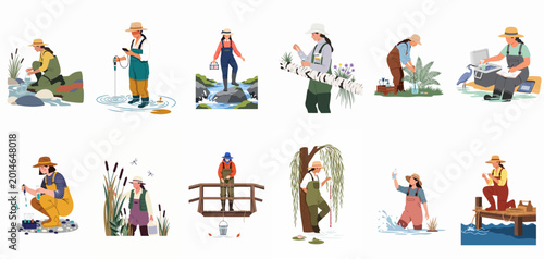 Cuadro en lienzo Flat vector illustration set of female environmental scientists conducting field research, water quality testing, and ecological monitoring in diverse natural settings