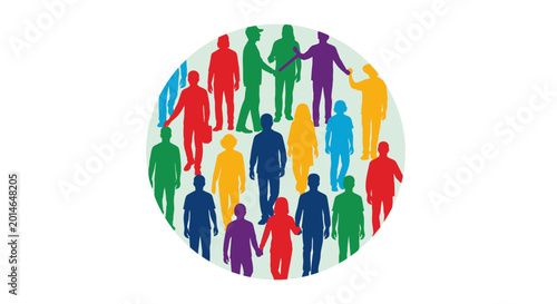 Diverse group of people standing together as a community in a circle shape.