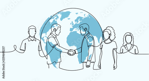 Continuous line drawing of a business handshake with a global map background.