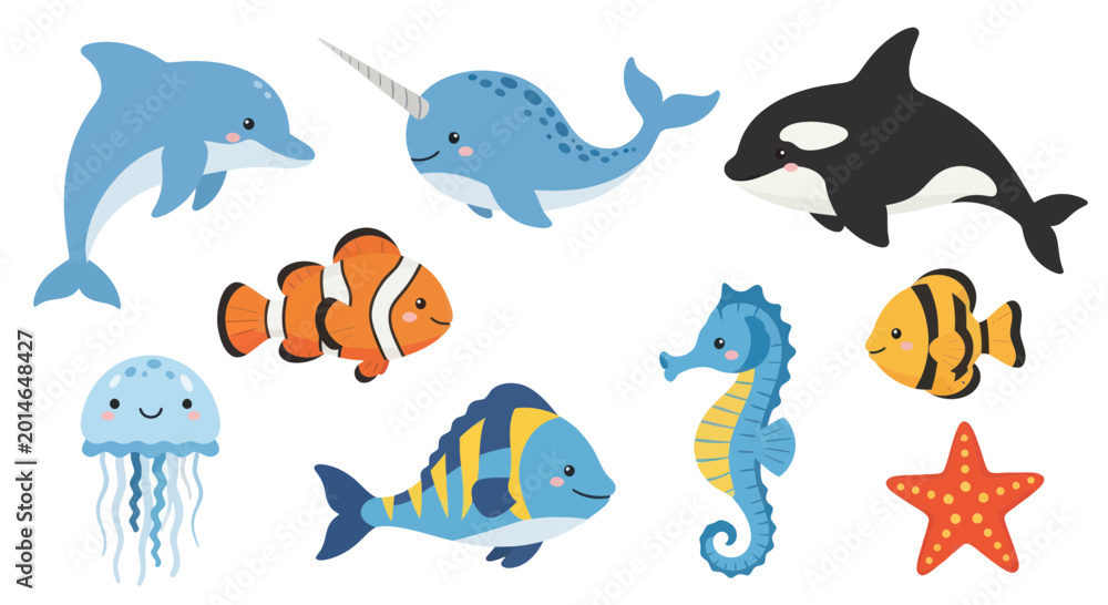 Fototapeta premium Cute Cartoon Sea Creatures Collection: Dolphin, Narwhal, Orca, Jellyfish, Clownfish