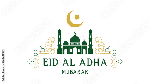 Foto Eid al Adha Mubarak Mosque Crescent Star Islamic Festive Flat Vector Illustratio