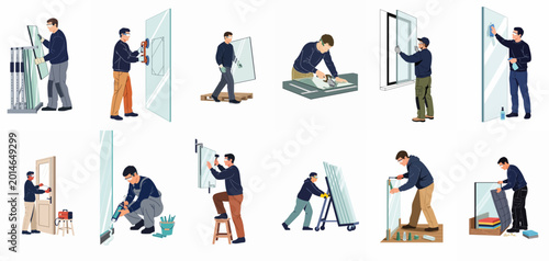 Obraz na płótnie Collection of professional glazier illustrations showing workers cutting, installing, moving, and cleaning glass windows and doors in various industrial settings