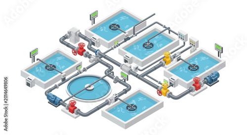 Fotografi Isometric Illustration of Water Treatment Plant with Tanks and Pipes