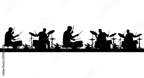 Photos Silhouetted drummers perform on drum sets against a white background