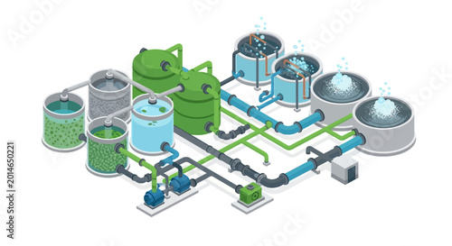 Canvas Print Isometric Illustration of Water Treatment Plant with Tanks and Pipes