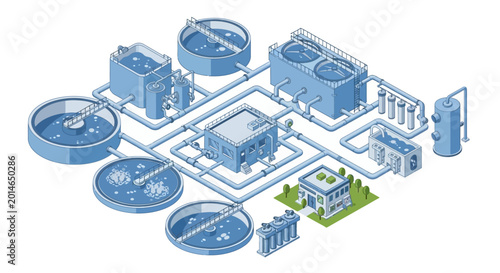 Schilderij op canvas Isometric Illustration of Water Treatment Plant with Tanks and Pipes