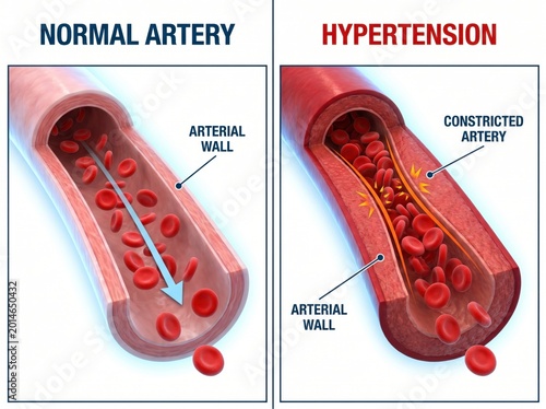 Comparison of Normal Artery and Hypertension Effects on Blood Flow and Arterial Health for Medical Illustration