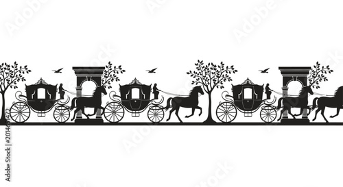 Billede på lærred Ornate carriages pulled by horses travel past trees and architectural elements