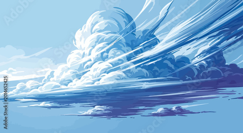 Photos Wispy white clouds swirl across a vast blue sky, evoking a sense of wind and mot