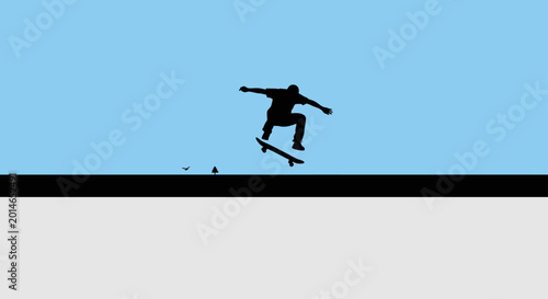 Black silhouette of a skateboarder mid-air over a landscape on a blue sky