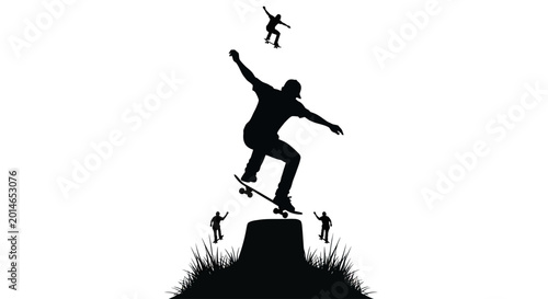 Foto A dynamic black silhouette of a skateboarder mid-air above a stump, with others