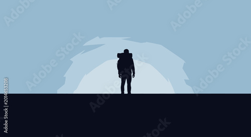 Foto Silhouette of a lone backpacker against a minimalist icy landscape