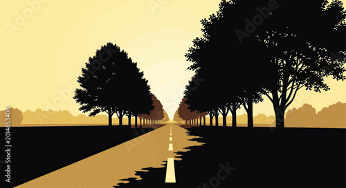 A tree-lined road stretches into a hazy horizon under a pale yellow sky
