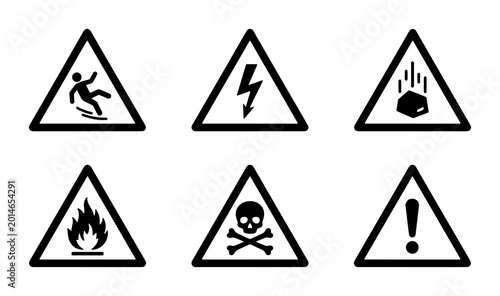 Free Download Set of Six Warning Signs: Slipping Hazard, High Voltage, Falling Objects, Flammable, Toxic, General Danger - Vector Icons - GFXLoad