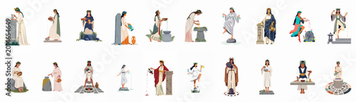 Foto Set of diverse illustrations featuring ancient Greek and Roman goddesses and priestesses performing ritual libations and offerings in classical attire
