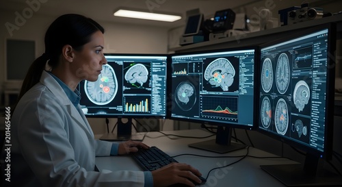 Woman analyzing brain scan data in futuristic medical laboratory