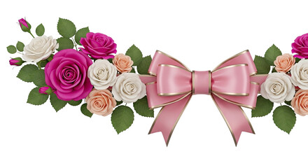Pink Bow with Assorted Roses and Green Leaves Border
