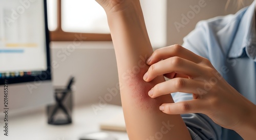 Woman examining irritated arm skin near modern office screen