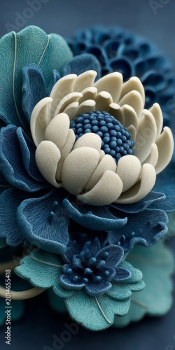 Close-up of a vibrant blue and white flower with intricate details and rich textures, showcasing its delicate petals and unique center.