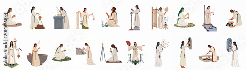 Fotografie Collection of ancient women in traditional tunics performing sacred rituals with incense, fire, and spiritual objects in a flat illustration style