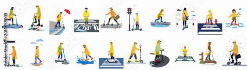 Bild auf Leinwand Set of flat illustrations of diverse people in yellow raincoats riding electric scooters and walking during rainy weather in the city
