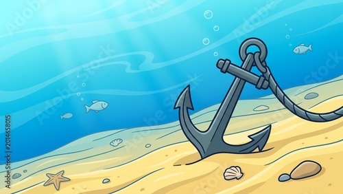 Underwater Cartoon Illustration of an Anchor on a Sandy Sea Floor