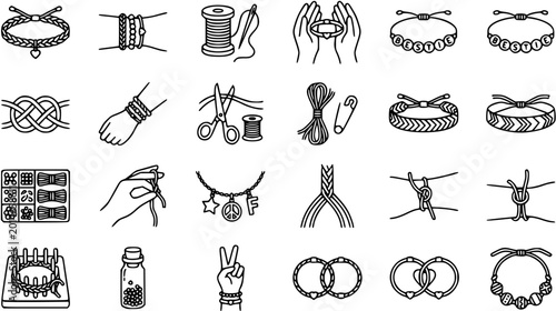 Friendship Bracelet Making Icon Set - DIY Crafts, Handcrafted Jewelry, Line Art