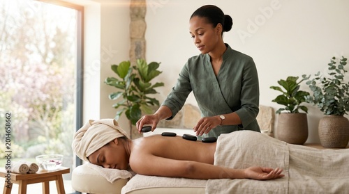 Professional therapist placing hot stones on a woman's back during a relaxing spa treatment in a bright, modern wellness center
