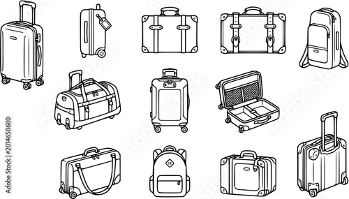 Foto Black and White Line Art Collection of Diverse Luggage and Travel Bags
