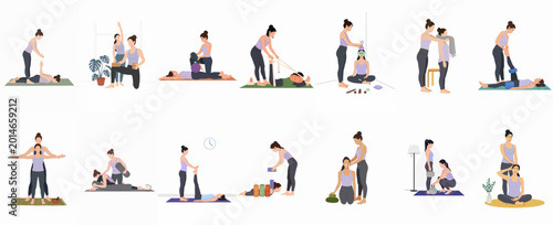 Schilderij op canvas Flat Vector Illustration Collection of Women Practicing Restorative Yoga with a Teacher Using Various Props Like Bolsters, Blocks, and Straps