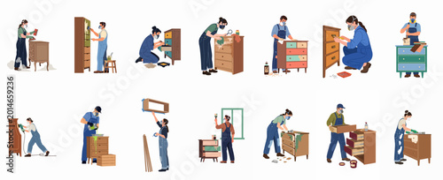Tableau sur toile Set of people restoring old wooden furniture, painting, sanding, and refinishing dressers in a DIY home improvement workshop concept