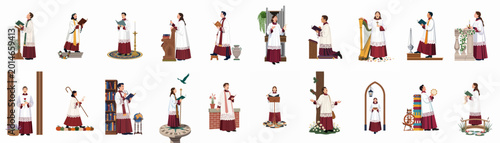 Tableau sur toile Set of diverse illustrations featuring church choir members and acolytes in traditional vestments, performing various liturgical and musical activities in flat vector style