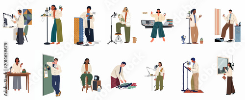 Photos Vector illustration set featuring diverse men and women recording podcasts, broadcasting, and editing audio in professional studio settings with modern sound equipment