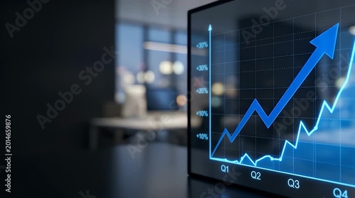 Financial growth chart analysis with upward trend in modern office setting