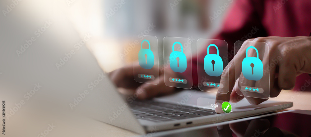 Obraz premium Data privacy and information security awareness with professional user logging into secure system with encrypted passwords.