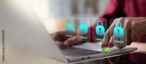 Data privacy and information security awareness with professional user logging into secure system with encrypted passwords.